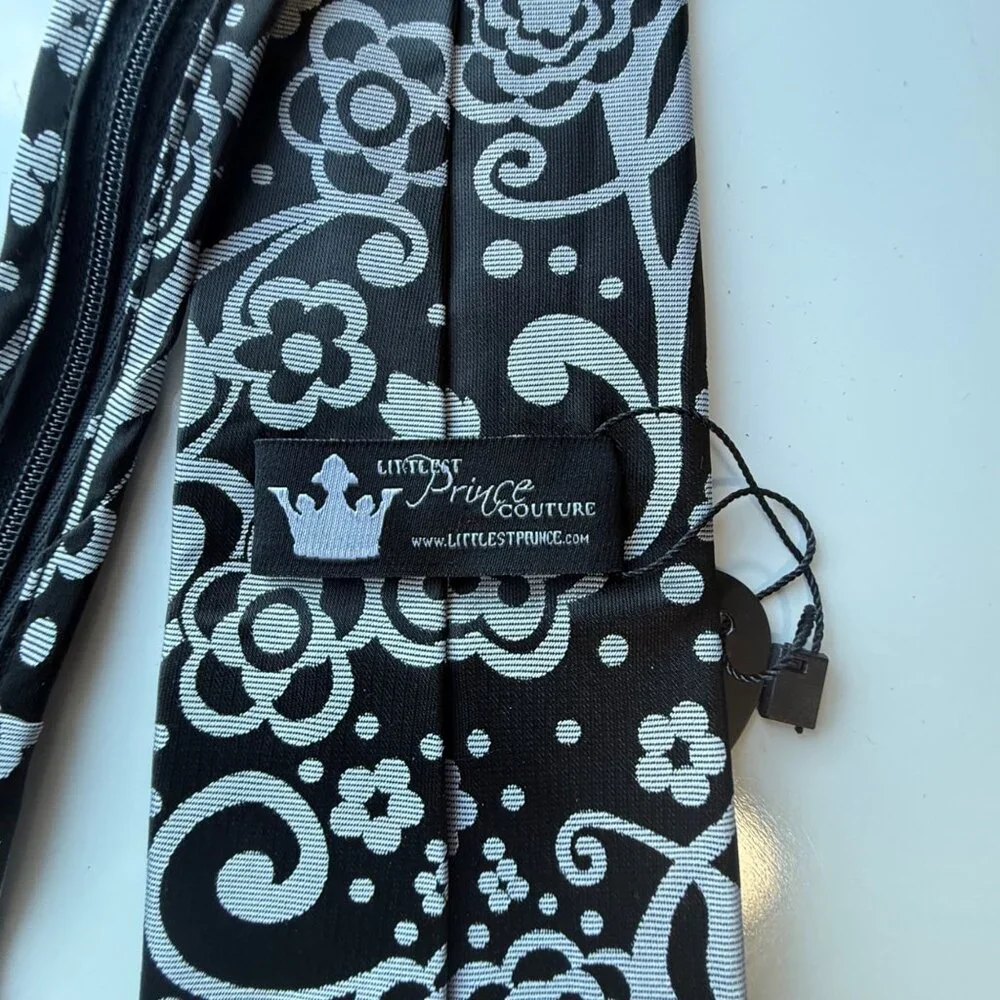 Littlest Prince Couture Tie 20 Inch Black & White Floral Pre-Tied Adjustable